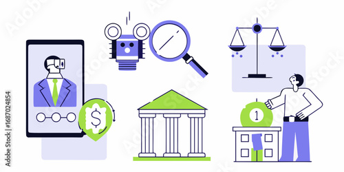 Financial concepts illustrated with icons including a virtual reality user robot magnifying glass scales of justice bank and a person with a coin