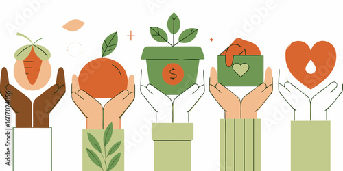 Diverse hands holding symbols of growth money and compassion in a collaborative community effort