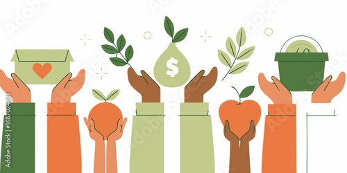 Diverse hands holding symbols of generosity growth and community support