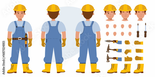 Construction worker character kit with front and back views and customizable body parts and tools