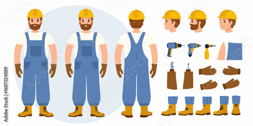 Construction worker character kit with front back and side views plus tools and accessories