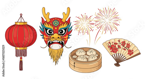 Vibrant Chinese cultural illustrations featuring a dragon mask, lantern, dim sum, fan, and fireworks. Perfect for celebrating Lunar New Year festivities, cultural events, and traditional Asian themes.
