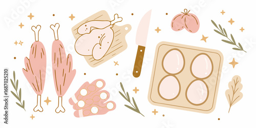 Boiled chicken legs whole chicken sliced ham eggs peaches and knife on a white background with decorative elements
