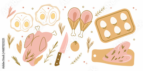 Flat illustration of raw chicken parts and eggs with herbs and a knife on a white background