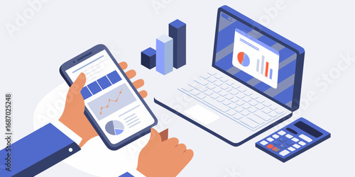 Hands holding smartphone with financial charts and graphs next to laptop and calculator