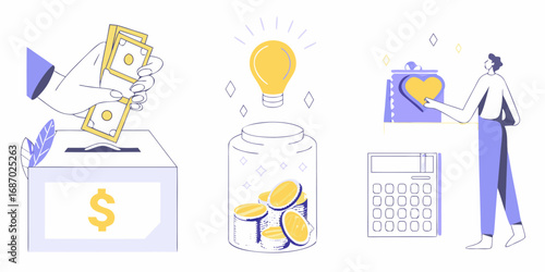 Illustration of financial concepts including saving money generating ideas and charitable giving with a calculator for financial planning