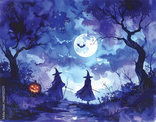 Halloween witches spooky scene in the style of dark sky - blue and violet, vibrant watercolor