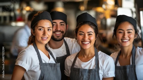 Diverse restaurant staff smiles