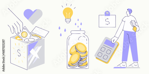 Illustration of saving money for a bright future with a lightbulb and calculator
