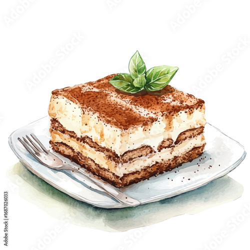 Tiramisu, watercolor painting vector, isolated on a white background.