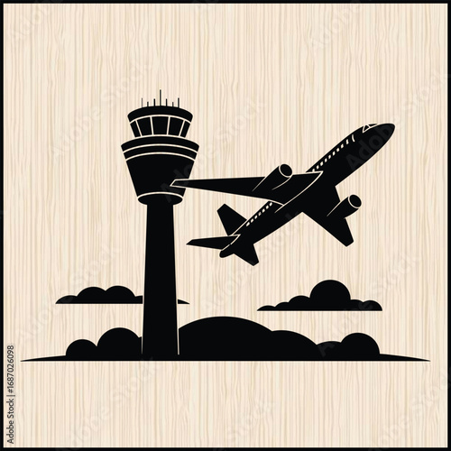 a tall air traffic control tower with a wide radar dome or top structure on wooden background