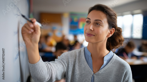 Free Download A female teacher enhancing math skills for her students writing equations on a whiteboard with clear gestures attentive pupils taking notes bright classroom with natural light - GFXLoad