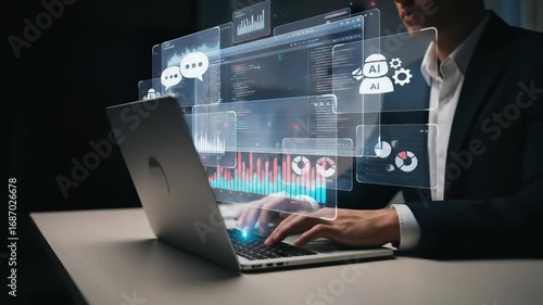 A businessman using laptop with futuristic digital interface, artificial intelligence icons, data analytics, and charts, representing innovation, technology, and busines transformation modern office