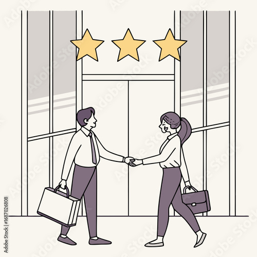 Vector art of business partners shaking hands with three stars above them in the building