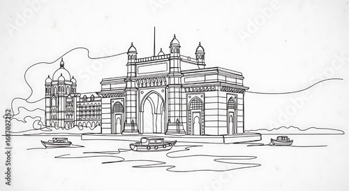 Gateway of India in Mumbai drawn in a continuous one-line style. Minimalist vector illustration of the iconic Indian monument and landmark.