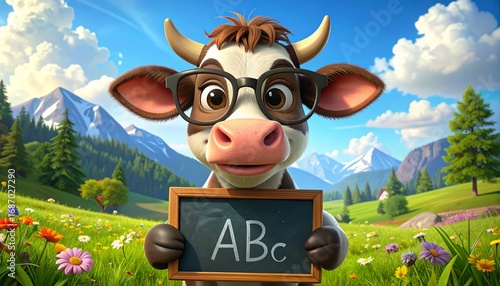 Wallpaper Mural A smart cartoon cow wearing glasses holds a small chalkboard with the alphabet, ready for school in a sunny mountain meadow Torontodigital.ca