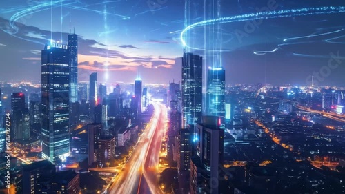 Wallpaper Mural Futuristic Cityscape at Night with Digital Connections and Glowing Lights Torontodigital.ca