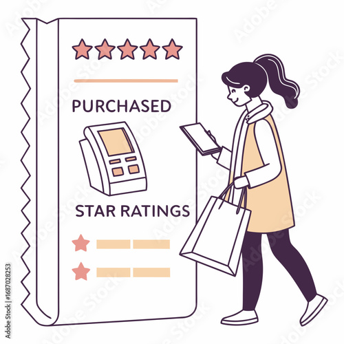 Vector art of woman with shopping bag and receipt with star ratings isolated on white