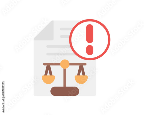 Legal warning icon with justice scales and a document, symbolizing regulatory compliance risk, a violation notice, or a lawsuit