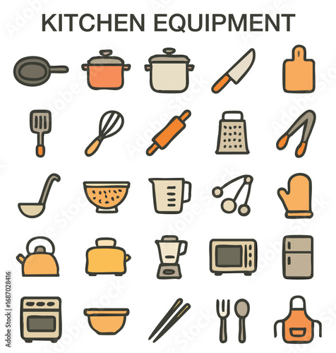 Kitchen Equipment Icon Set – Flat Style Cooking Tools & Appliances