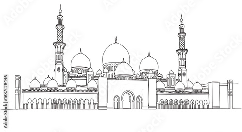 Sheikh Zayed Grand Mosque in Abu Dhabi from a single continuous line drawing. Minimalist vector art of the famous UAE landmark and architecture.