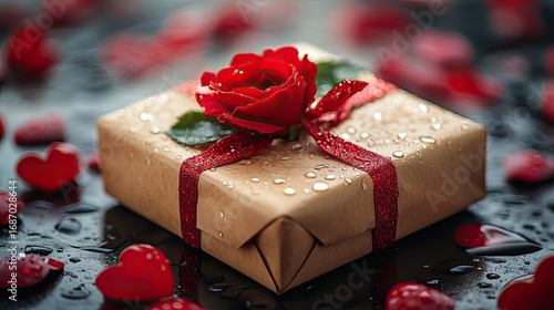 A Valentines Day gift wrapped with a rose
