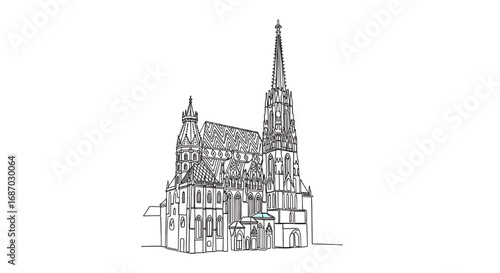 St. Stephen's Cathedral in Vienna, Austria, drawn in a continuous line style. Minimalist vector illustration of the iconic Gothic cathedral.