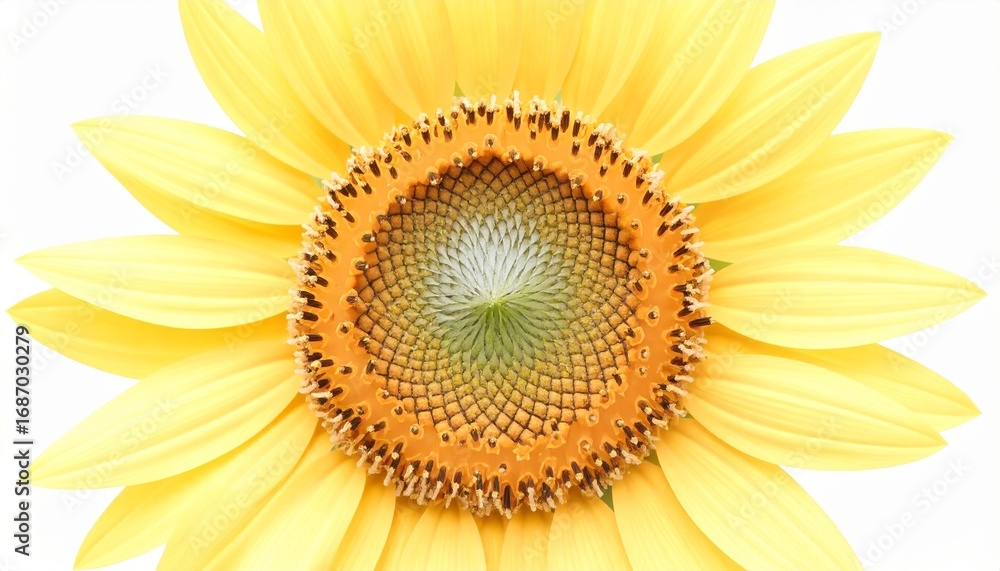 Fototapeta premium Vibrant yellow sunflower in full bloom, a detailed close-up showing the intricate Fibonacci spiral pattern of its seeds, isolated on a clean white background