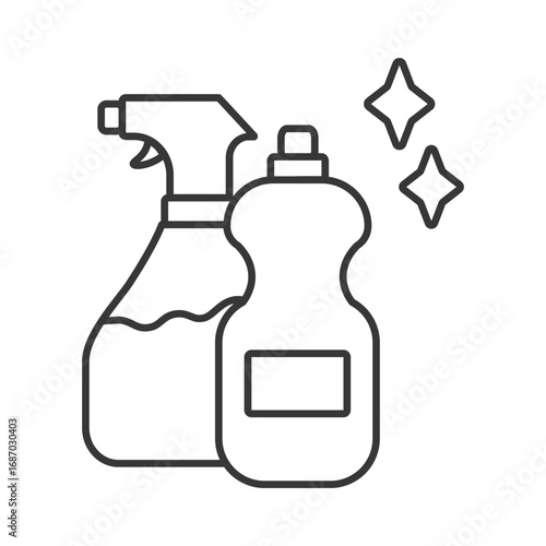 A line drawing shows cleaning supplies a spray bottle detergent and a shine icon. Editable stroke. Icon vector illustration