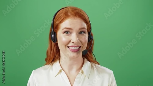 Woman talking on headset studio