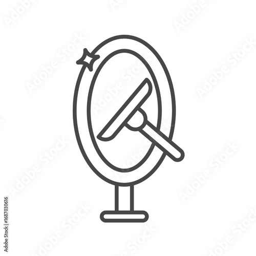 An oval vanity mirror is being cleaned with a squeegee The mirror has a shiny glow. Editable stroke. Icon vector illustration