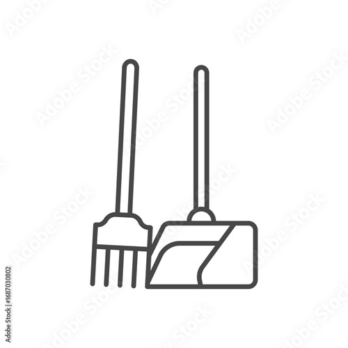 A line drawing of a broom and dustpan side by side. Editable stroke. Icon vector illustration