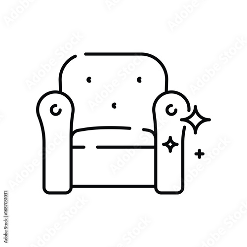 Line art depicts an upholstered armchair with shining right armrest suggesting cleanliness. Editable stroke. Icon vector illustration