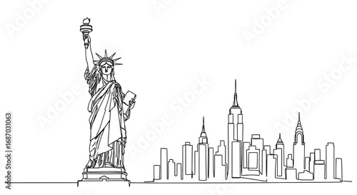 Statue of Liberty and New York City skyline in a single line drawing. Minimalist vector illustration of the iconic American landmark cityscape.