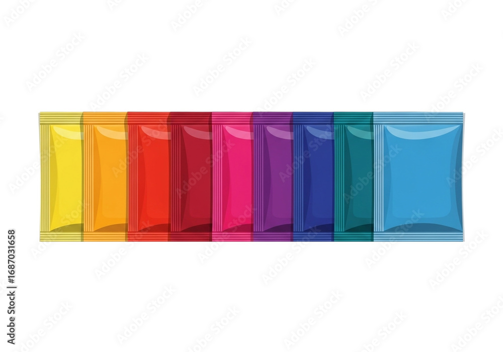 Obraz premium Colorful foil sachets isolated on transparent background, showcasing a spectrum of vibrant hues in a neat row