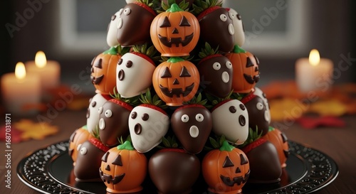 A halloween strawberry tower with chocolate covered strawberries shaped like pumpkins and ghosts on a plate