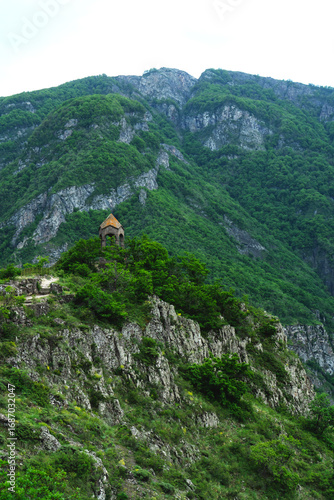 mountain landscape with ancient tower in Armenia