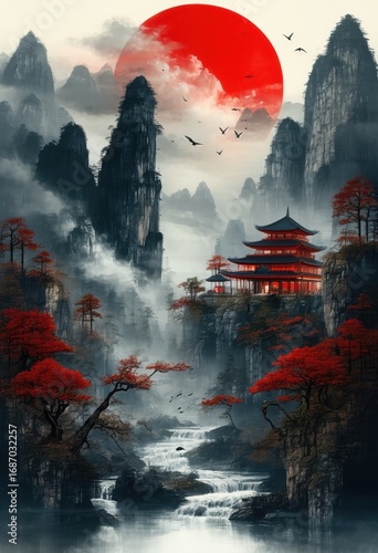 Serene Oriental Landscape with Pagodas, Bridge, and Majestic Mountains Under Red Sun