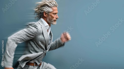 Elderly White businessman in gray suit running with speed against blue wall. Concept of energy, success, and active aging in corporate lifestyle