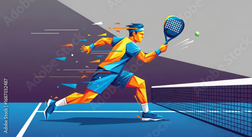 Dynamic Padel Player Running with Blue Paddle on Blue Court