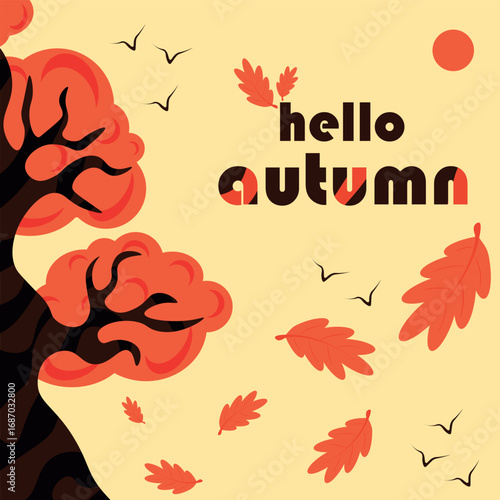 A minimalist vector illustration with an autumn theme with text “hello autumn”. Vector autumn season illustration