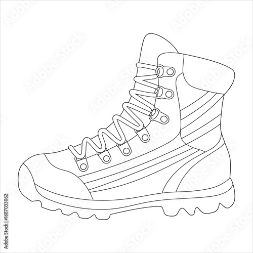 Black outline illustration of a hiking boot with laces on a white background shoe trekking