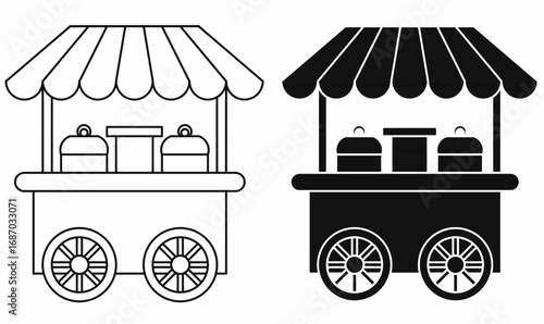 Vector illustration of a street food cart with canopy, wheels, and cooking pots in outline and silhouette style. Perfect for icon,food, market, vendor, and street business design.