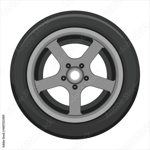 Car wheel with silver alloy rim and black tire on white background Keywords: car, wheel, tire, rim, alloy, automotive, vehicle