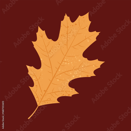 Vector illustration of autumn pin oak tree leaf in orange and yellow colours on a dark brown background.