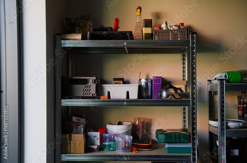 Metal garage shelf with tools and storage containers