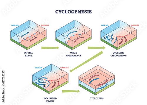 Cyclogenesis shows the stages of cyclone formation with cold air, warm air, and pressure systems. Outline diagram