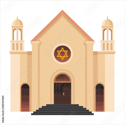 Flat illustration of a beige synagogue with two towers and a Star of David jewish building