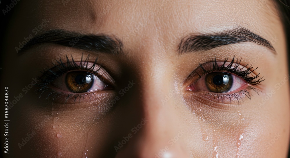 Fototapeta premium Close-up portrait of a woman's face with tears, showcasing deep emotion and vulnerability in detail