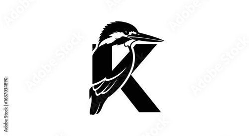 Kingfisher Bird Silhouette Logo Design with Letter K.